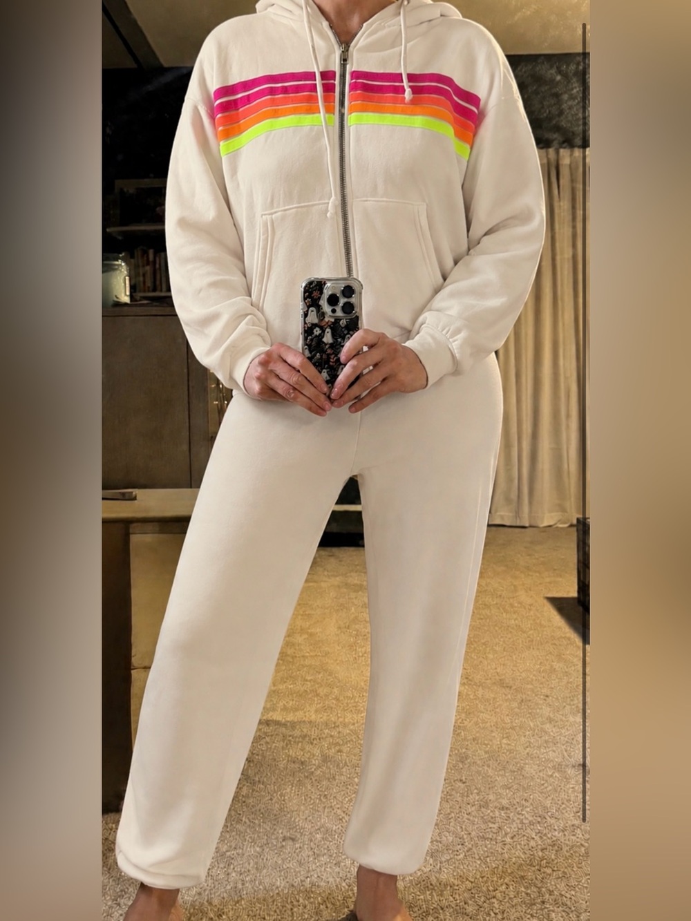 Aviator Nation 5 stripe zip hoodie/sweatpants set  in Neon vintage white